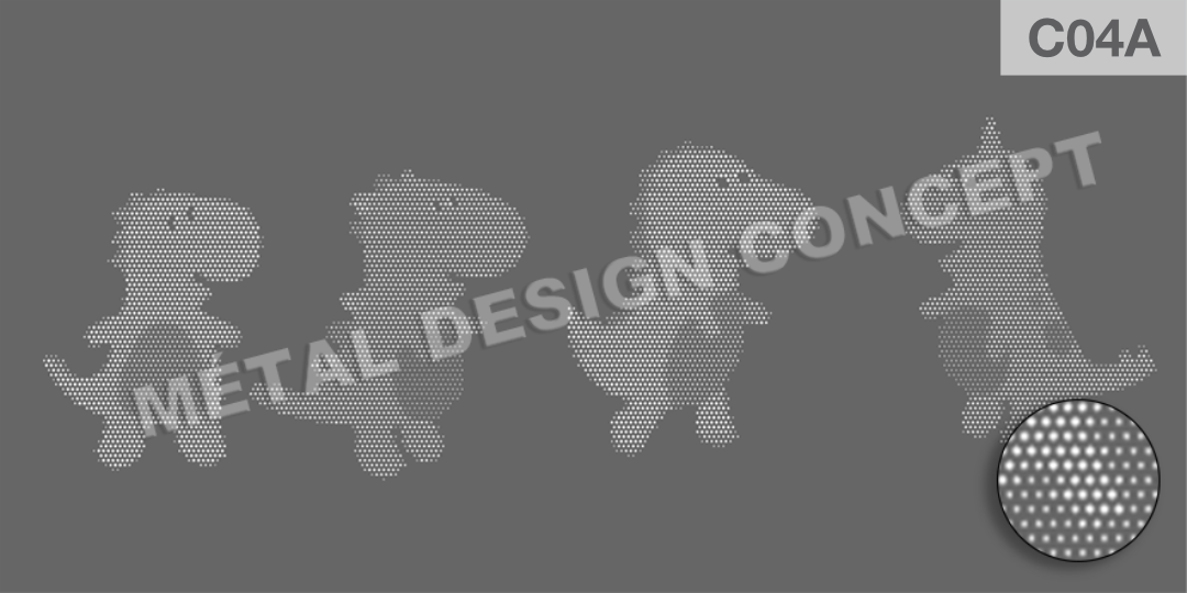 Petits dinosaures en perforations pour des garde-corps en tôle décorative. 