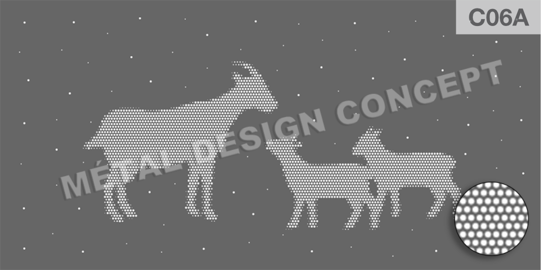 Animaux reproduits en perforation sur tôle d'aluminium et acier.