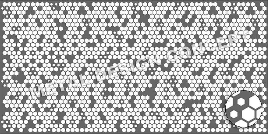 Tôle décorative aux perforations hexagonale donnant l'illusion d'une résille alvéolée.